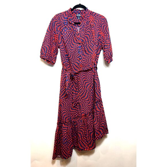 Scoop Womens Asymmetrical Ruffle Midi Dress Red Navy Coastal Preppy Style Large - Picture 2 of 9
